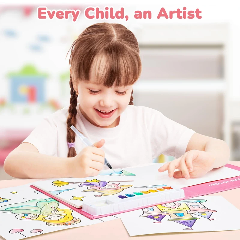 JoyCat album da colorare per bambini, set di pittura ad acquerello per bambini dai 3-5 ai 4-8 anni,attività di disegno artistico e artigianale, regalo di compleanno per ragazzi e ragazze