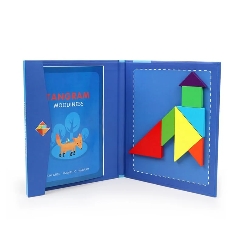 NIWWIN Tangram magnetico di legno, gioco di puzzle, giocattoli da costruzione, gioco di viaggio, esercizio mentale, libro QI con soluzioni, giocattolo educativo per bambini,3 4 5 6 anni. (blu)