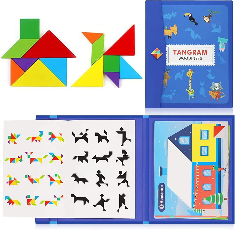 NIWWIN Tangram magnetico di legno, gioco di puzzle, giocattoli da costruzione, gioco di viaggio, esercizio mentale, libro QI con soluzioni, giocattolo educativo per bambini,3 4 5 6 anni. (blu)