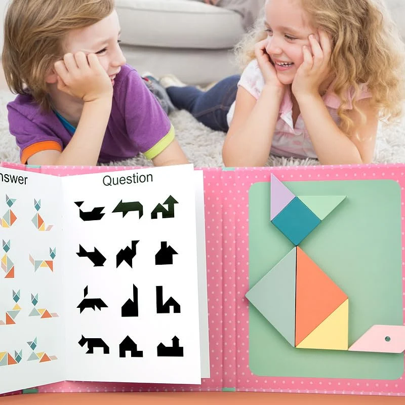 NIWWIN Tangram magnetico di legno, gioco di puzzle, giocattoli da costruzione, gioco di viaggio, esercizio mentale, libro QI con soluzioni, giocattolo educativo per bambini,3 4 5 6 anni. (blu)