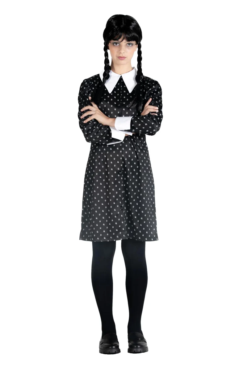 Ciao- mercoledì Addams Vestito Costume Travestimento Bambina Ragazza Originale Wednesday (Taglia M, 152 cm) con Parrucca, Colore Nero, Bianco