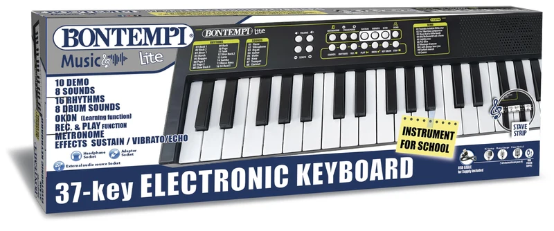 Bontempi 15 3780 KeyRhythm - Tastiera Digitale a 37 Tasti, Passo 2 cm con Funzione Apprendimento, Presa per Cuffie, USB-C, 480x150x40 mm, per Bambini e Principianti