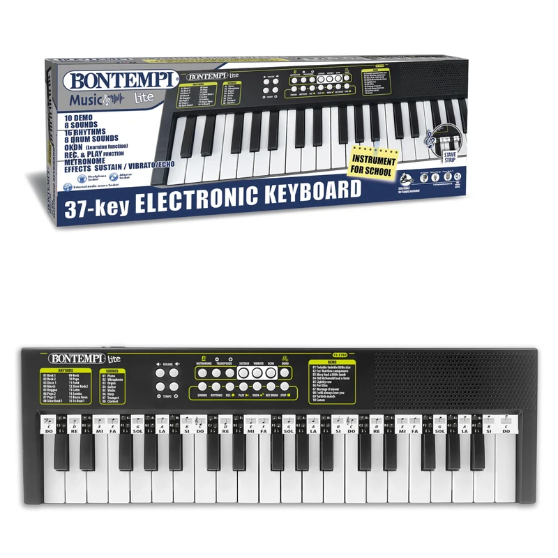 Bontempi 15 3780 KeyRhythm - Tastiera Digitale a 37 Tasti, Passo 2 cm con Funzione Apprendimento, Presa per Cuffie, USB-C, 480x150x40 mm, per Bambini e Principianti
