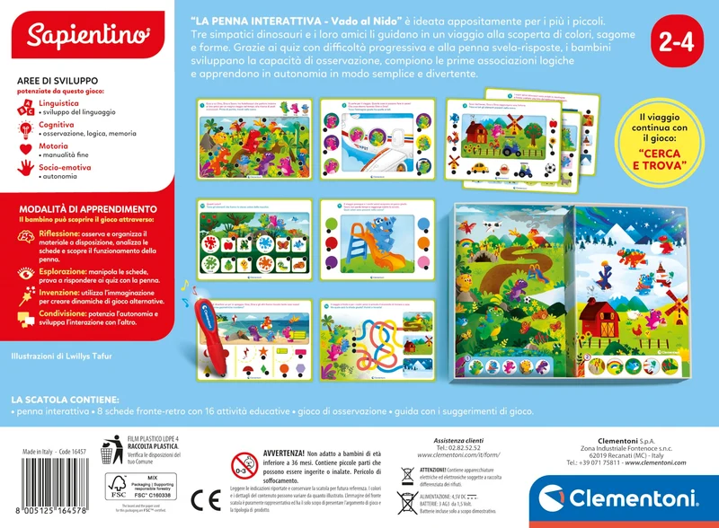 Clementoni - Sapientino La Penna Interattiva, Vado al Nido, Schede Educative e Penna Parlante, Gioco Educativo 2 Anni, Elettronico Parlante, Batterie Incluse, Made in Italy, 16457