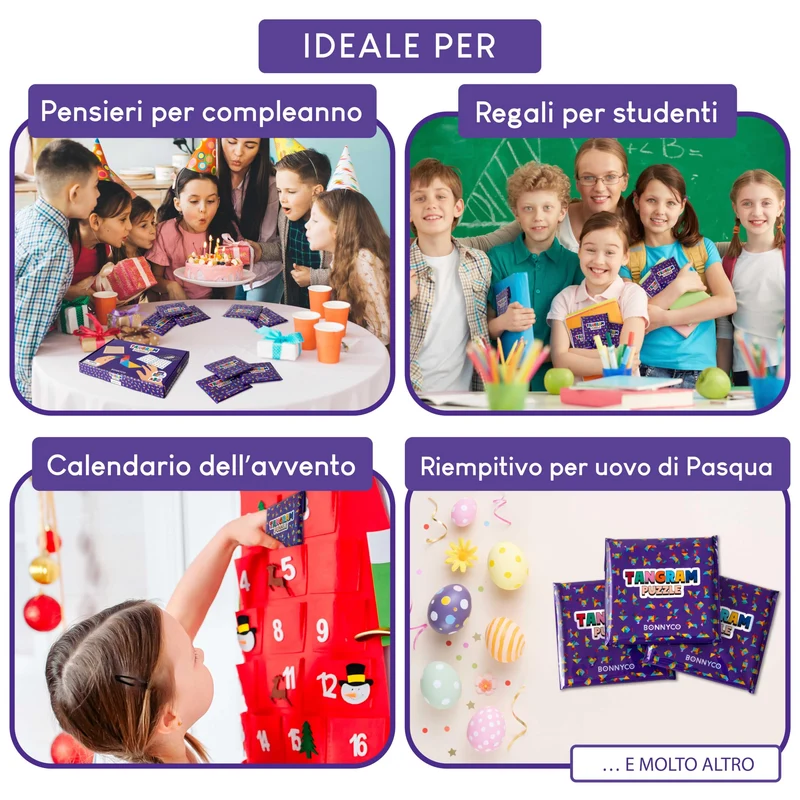 Tangram Legno Bambini Pack 30 Gadget Compleanno Bambini - BONNYCO | Mini Giochi Regalini Fine Festa Compleanno, Regalino Fine Festa Invitati, Persierini Giochini per Feste | Mini Puzzle Gadget Scuola