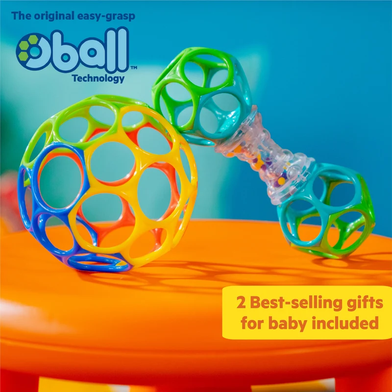 Bright Starts, Set Regalo con Giocattoli Oball Facili da afferrare - Grasp The Day, Confezione da 2 Giocattoli con Pallina e sonaglio, privi di BPA, Unisex, 0+ Mesi