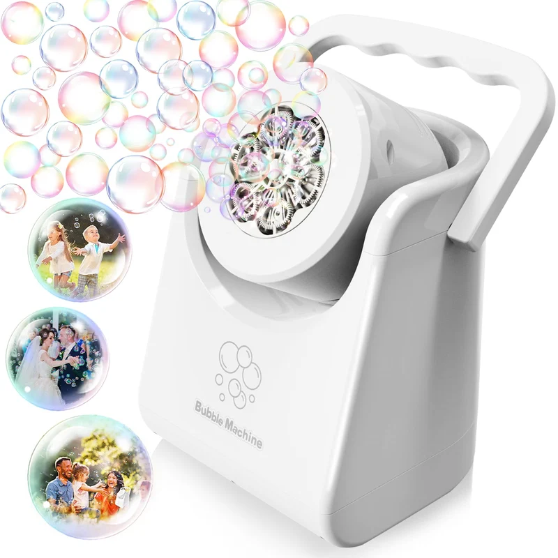 Macchina per Bolle per Bambini Soffiatore di Bolle Automatico per i più Piccoli Ricaricabile a Batteria Portatile Bolla Maker Ragazzini Ragazze Bolla Giocattolo Elettrico Ruotato di 90°/360° (Bianco)