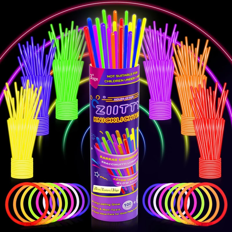 Ziitty Braccialetti Luminosi Fluorescenti , 7 colori Fluo Party Kit Bambini Adulti Starlight 100 Glow Sticks e Connettori per Bracciali Occhiali Gadget per Comleanno Feste Carnevale Capodanno Pasqua