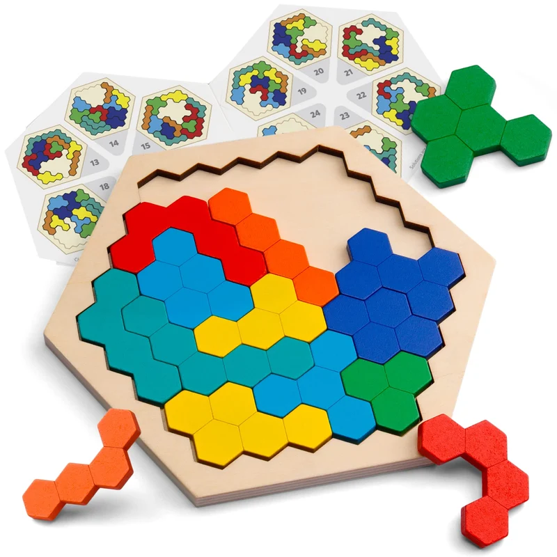Coogam Puzzle di legno esagonale - Blocco di forma Tangram Rompicapo Giocattolo Geometria Logica IQ Gioco STEM Montessori Regalo educativo per tutte le età Sfida