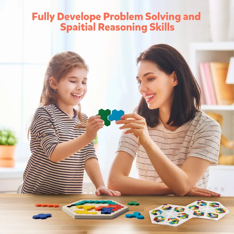 Coogam Puzzle di legno esagonale - Blocco di forma Tangram Rompicapo Giocattolo Geometria Logica IQ Gioco STEM Montessori Regalo educativo per tutte le età Sfida