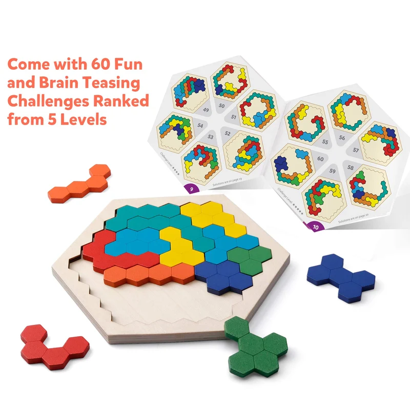 Coogam Puzzle di legno esagonale - Blocco di forma Tangram Rompicapo Giocattolo Geometria Logica IQ Gioco STEM Montessori Regalo educativo per tutte le età Sfida