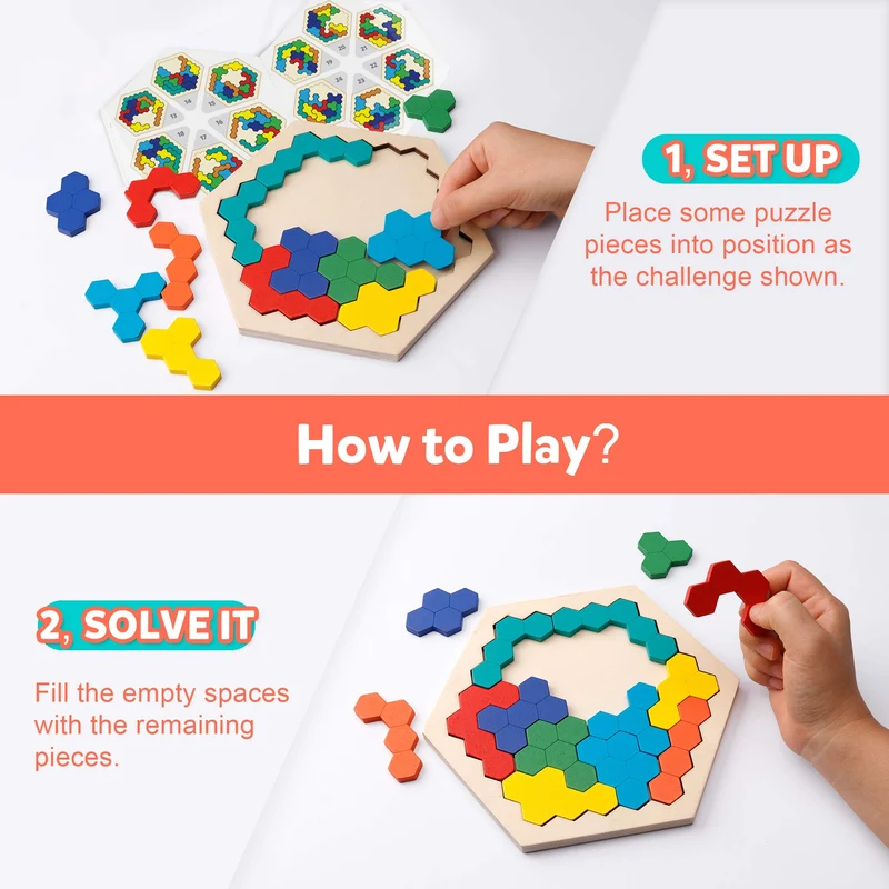 Coogam Puzzle di legno esagonale - Blocco di forma Tangram Rompicapo Giocattolo Geometria Logica IQ Gioco STEM Montessori Regalo educativo per tutte le età Sfida