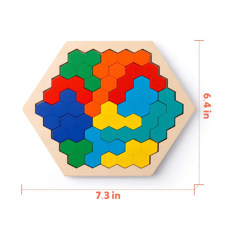 Coogam Puzzle di legno esagonale - Blocco di forma Tangram Rompicapo Giocattolo Geometria Logica IQ Gioco STEM Montessori Regalo educativo per tutte le età Sfida