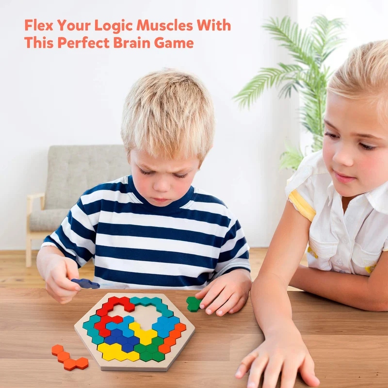 Coogam Puzzle di legno esagonale - Blocco di forma Tangram Rompicapo Giocattolo Geometria Logica IQ Gioco STEM Montessori Regalo educativo per tutte le età Sfida
