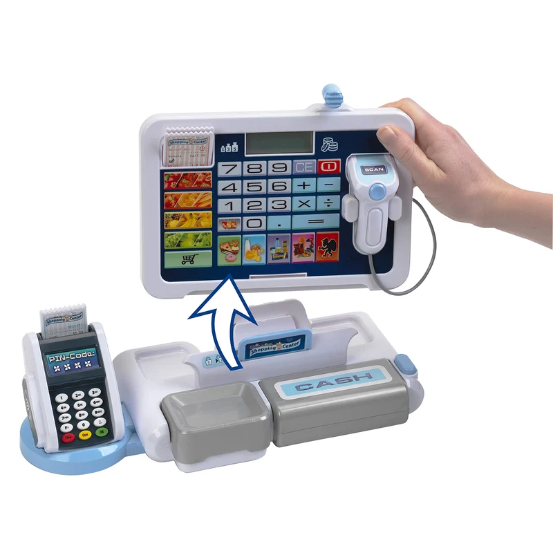 Theo Klein 9324 Registratore di Cassa con Tablet, con Suoni e Tablet Rimovibile, terminale POS con Funzione Meccanica, Scanner e Soldi Giocattolo I Giocattoli per Bambini dai 3 Anni in su