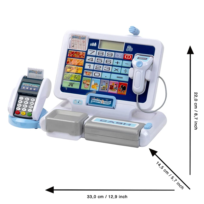 Theo Klein 9324 Registratore di Cassa con Tablet, con Suoni e Tablet Rimovibile, terminale POS con Funzione Meccanica, Scanner e Soldi Giocattolo I Giocattoli per Bambini dai 3 Anni in su