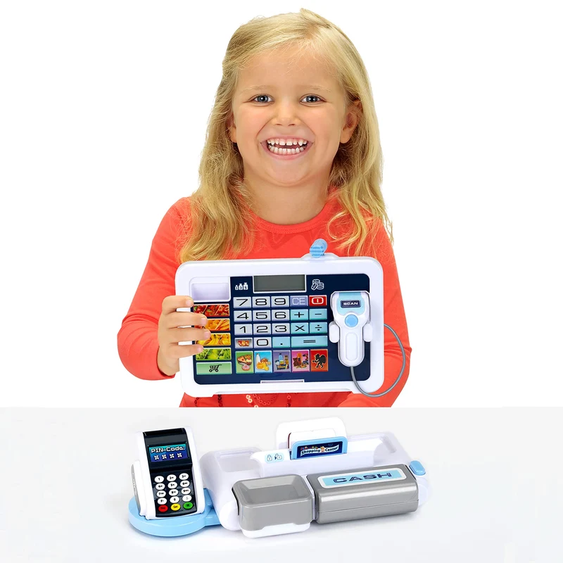 Theo Klein 9324 Registratore di Cassa con Tablet, con Suoni e Tablet Rimovibile, terminale POS con Funzione Meccanica, Scanner e Soldi Giocattolo I Giocattoli per Bambini dai 3 Anni in su