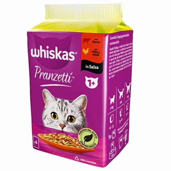 Whiskas Pranzetti con Manzo Pollo e Piselli in Salsa 1+ 6x50g