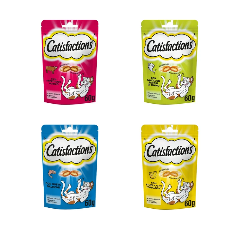 4x60g Catisfactions Kit 4 Gusti - Manzo Salmone Tonno Formaggio - Snack Gatti