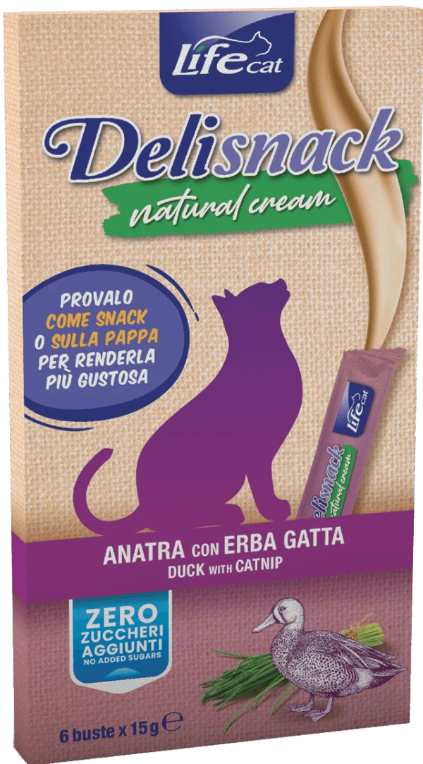 LifeCat Delisnack Natural Cream Anatra con Erba Gatta – 6 Bustine x 15g