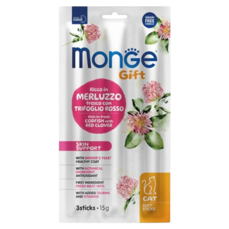 MONGE Gatto Gift Stick Skin Support con Merluzzo e Trifoglio Rosso 3x15Gr