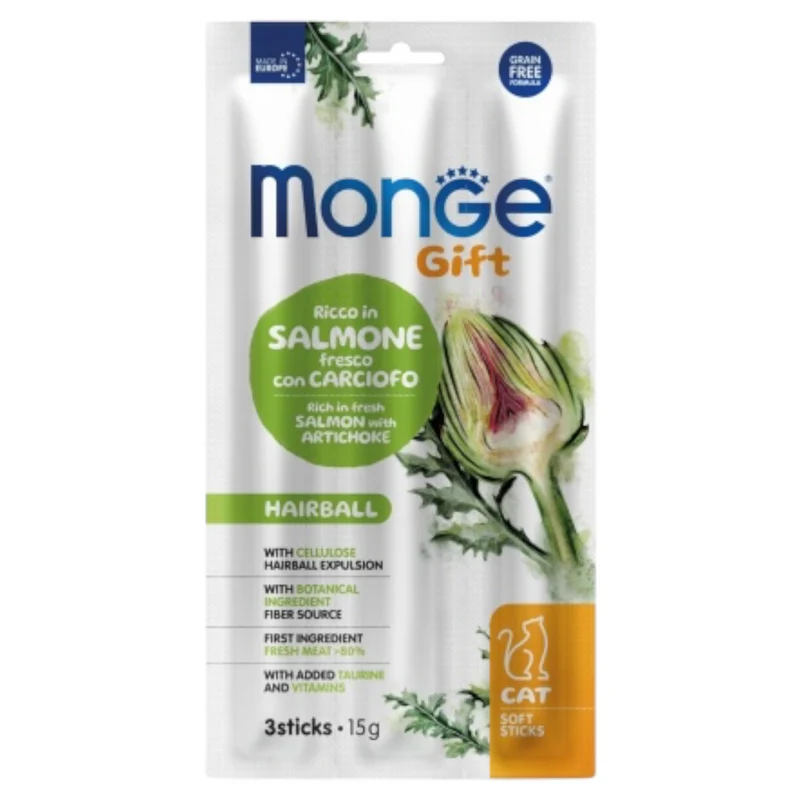 MONGE Gatto Gift Stick Hairball con Salmone e Carciofo 3x15Gr