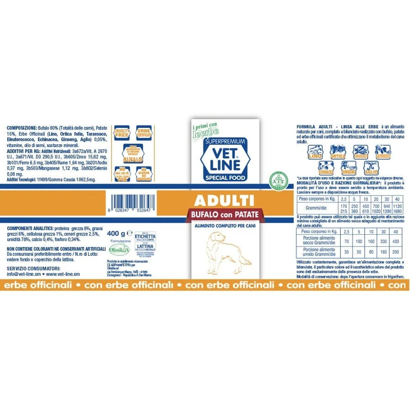 Vet Line Adulti Bufalo Patate Cane Adulto 400g