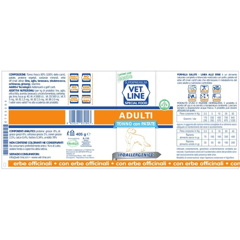 Vet Line Adult Ipoallergenico Tonno e Patate 400g - Cibo Umido per Cani