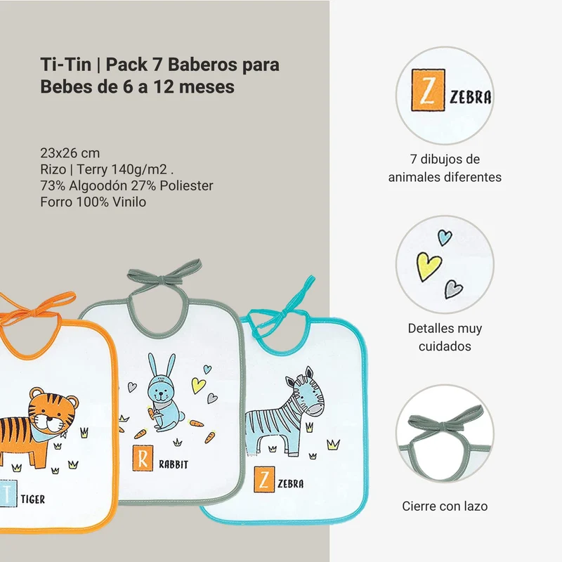 Ti Tin - Confezione Da 7 Bavaglini Impermeabili 73% Cotone - 27% Poliestere Fodera Vinile | Confezione Da 7 Bavaglini con Chiusura a Nastro Per Bambini Da 6 a 18 Mesi, 23x27 cm