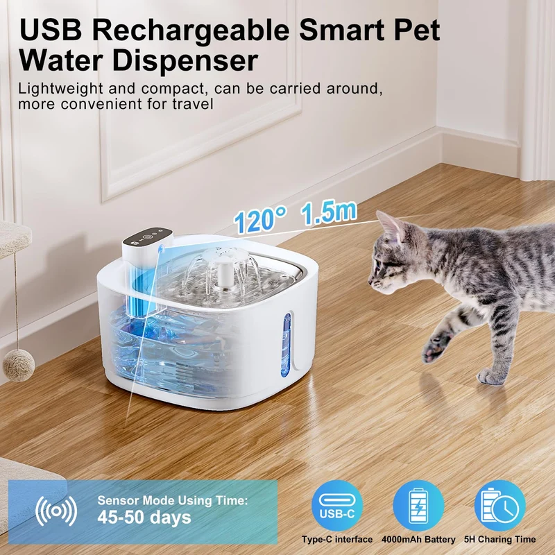 Fontanella per Gatti senza Fili, 3.2L 4000mAh Fontanella Gatto con Sensore di Movimento, 3 Modalità di Funzionamento Fontanella Gatti, Ultra Silenziosa Fontana per Gatti Ricaricabile - Bianco