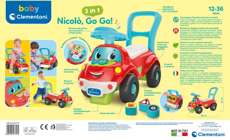 Baby Clementoni - Nicolò Go Go 3 in 1, Macchinina Bambino 1 Anno, Gioco Prima Infanzia Primi Passi, Cavalcabile e Centro Attività Italiano e Inglese, Stimola Motilità e Curiosità, Made in Italy, 17747