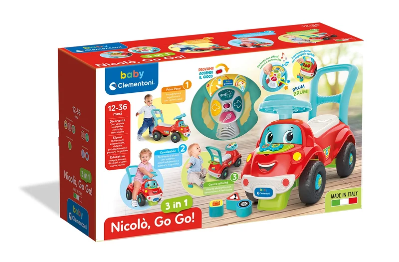 Baby Clementoni - Nicolò Go Go 3 in 1, Macchinina Bambino 1 Anno, Gioco Prima Infanzia Primi Passi, Cavalcabile e Centro Attività Italiano e Inglese, Stimola Motilità e Curiosità, Made in Italy, 17747