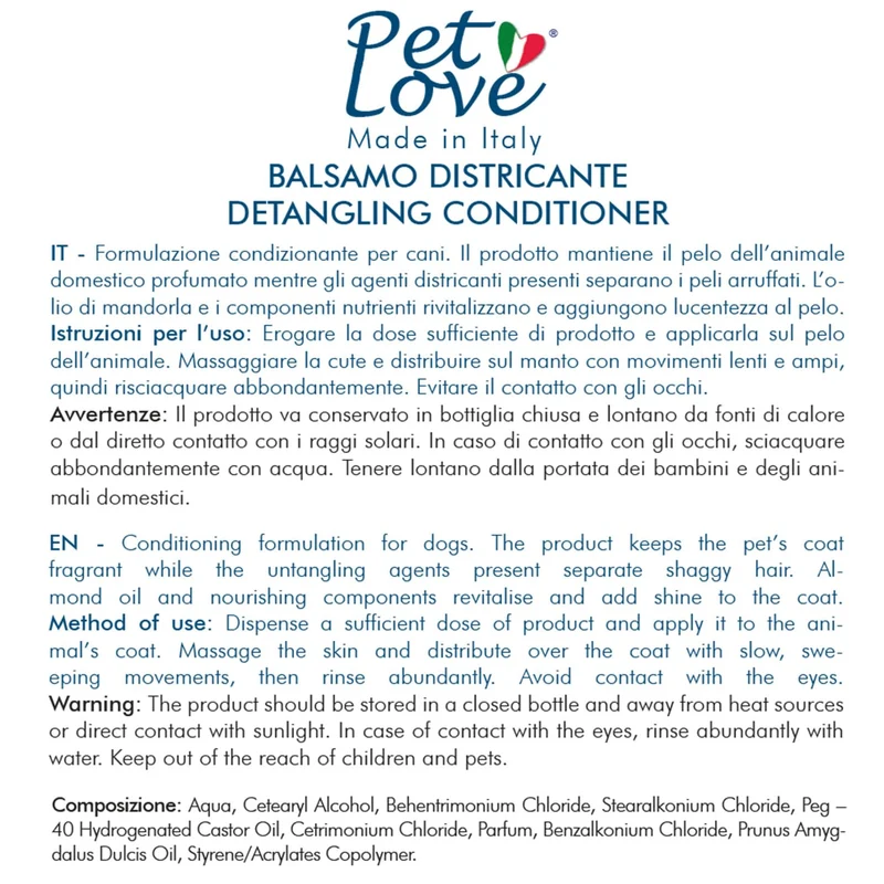 Pet Love Balsamo Profumato Districante Scioglinodi per Cani – Azione Districante e Nutriente – 250 ml