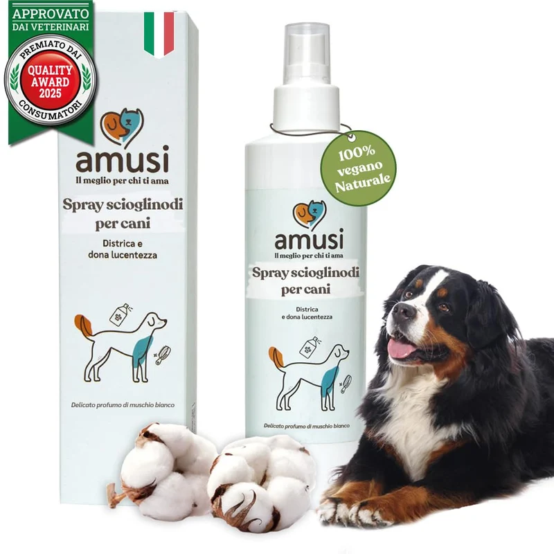 amusi Balsamo Cani Pelo Lungo Spray Sciogli Nodi Pelo Cane 250ml - Made in Italy, Formula Ipollergenica, Lucida, Condiziona, Nutre, Effetto Antistatico, Balsamo per Cani Spray, Districante Pelo Cane