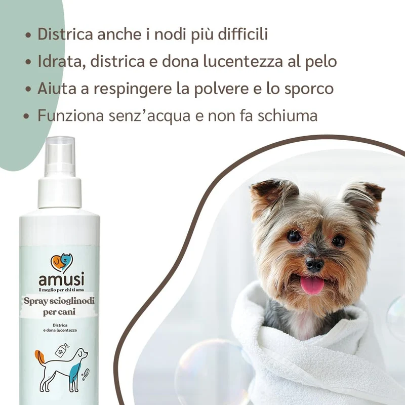 amusi Balsamo Cani Pelo Lungo Spray Sciogli Nodi Pelo Cane 250ml - Made in Italy, Formula Ipollergenica, Lucida, Condiziona, Nutre, Effetto Antistatico, Balsamo per Cani Spray, Districante Pelo Cane