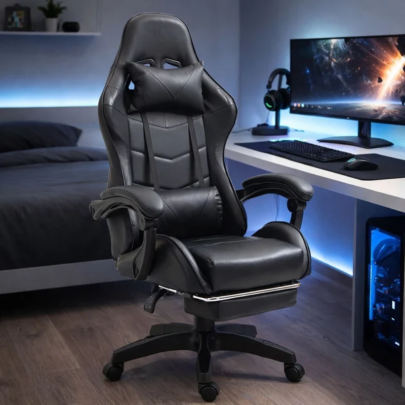 Sedia da gaming snella, sedia da ufficio girevole bianca e nera con poggiapiedi