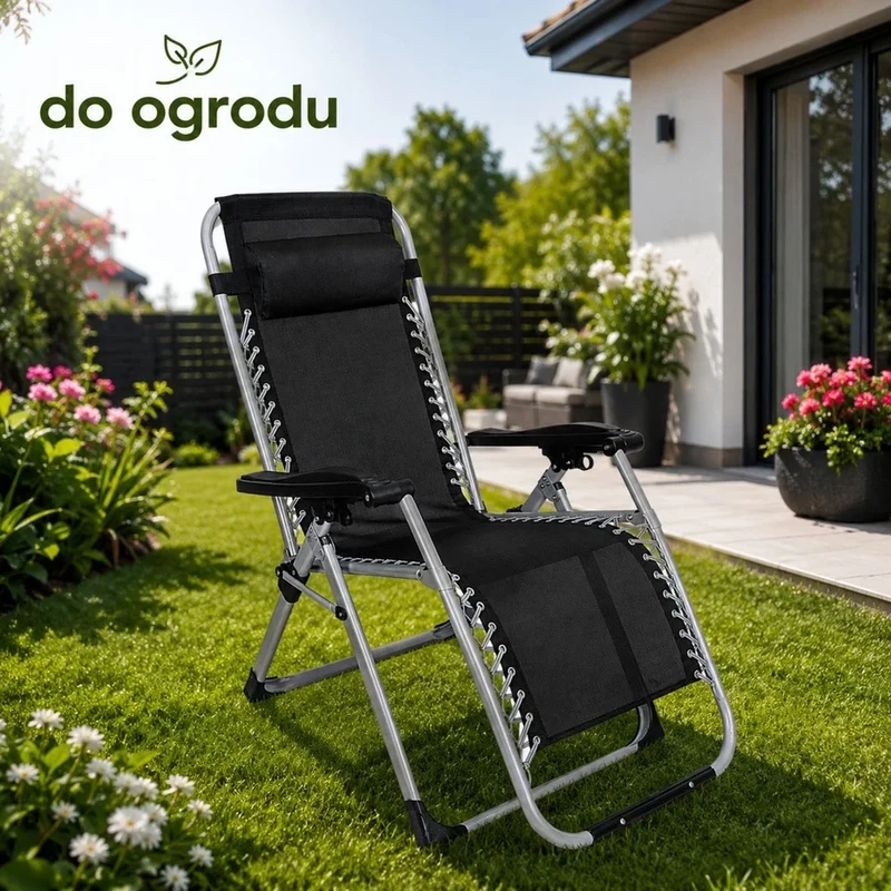 Sedie da giardino a gravità zero con poggiatesta pieghevole, nera