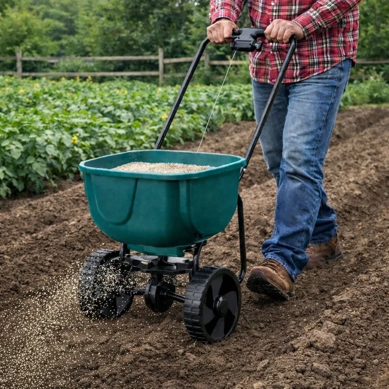 Seminatrice rotativa su ruote per fertilizzazione di semi, sale e sabbia 27l