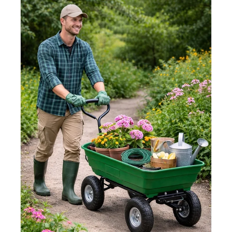 Carrello da giardino con pianale ribaltabile rimovibile, colore verde