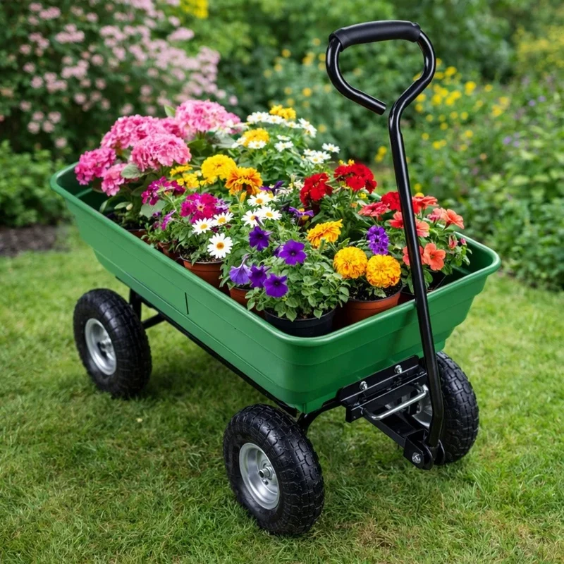 Carrello da giardino con pianale ribaltabile rimovibile, colore verde