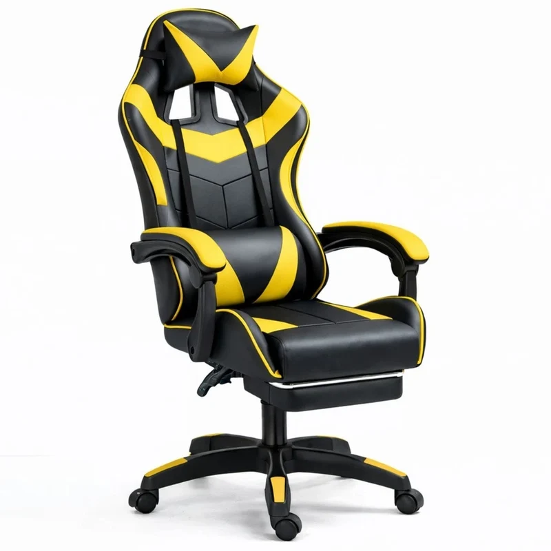 Sedia da gaming snella nera e giallo, sedia da ufficio girevole con poggiapiedi