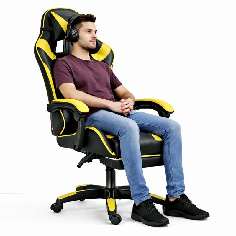 Sedia da gaming snella nera e giallo, sedia da ufficio girevole con poggiapiedi
