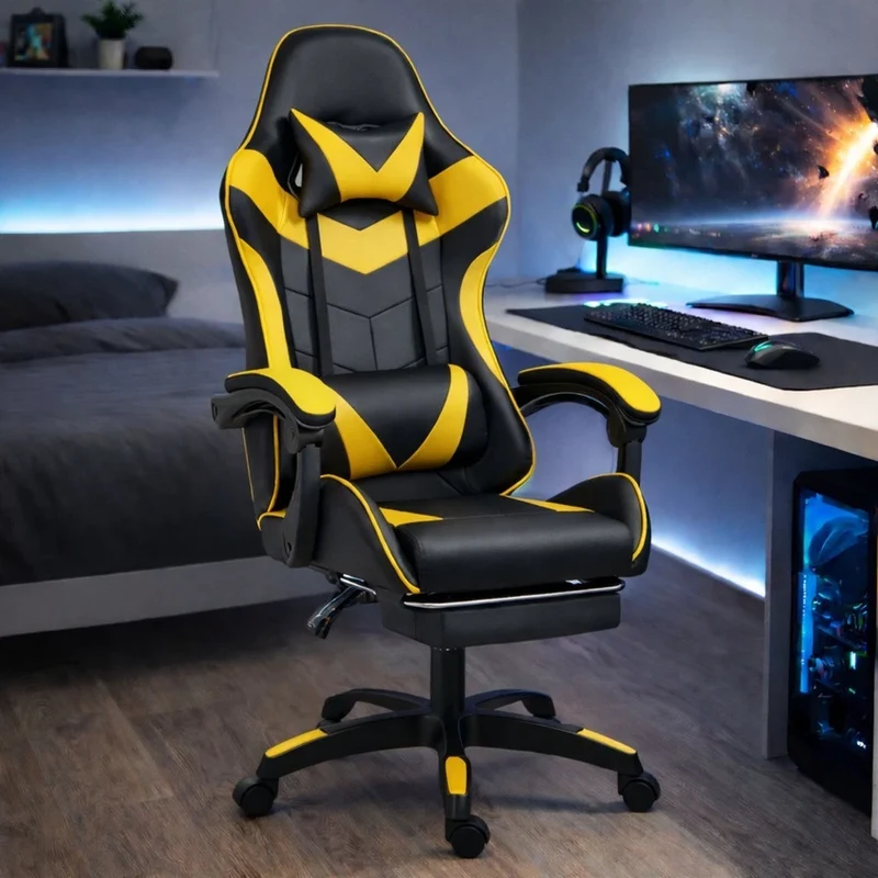 Sedia da gaming snella nera e giallo, sedia da ufficio girevole con poggiapiedi