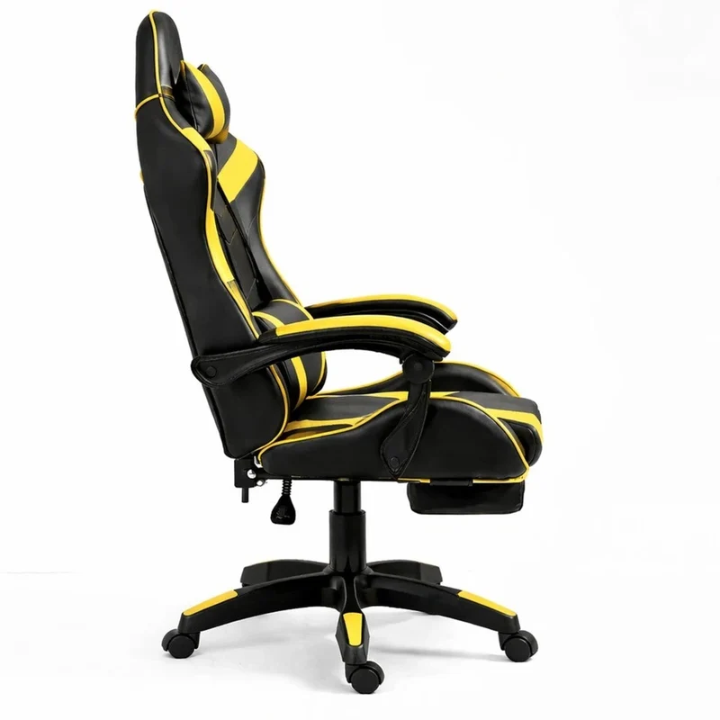 Sedia da gaming snella nera e giallo, sedia da ufficio girevole con poggiapiedi