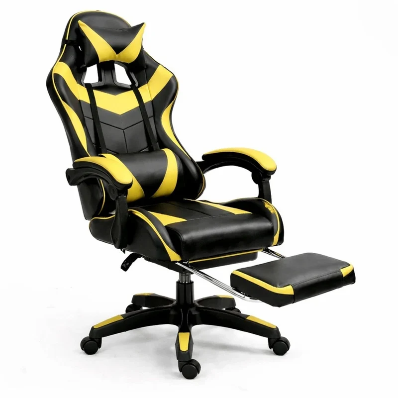 Sedia da gaming snella nera e giallo, sedia da ufficio girevole con poggiapiedi