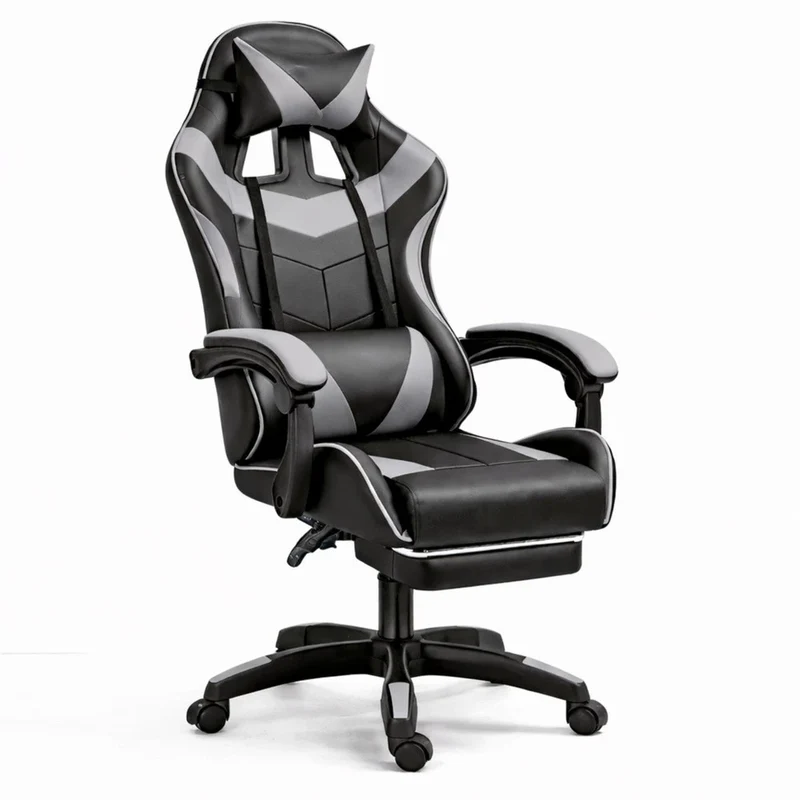 Sedia da gaming snella nera e grigia, sedia da ufficio girevole con poggiapiedi
