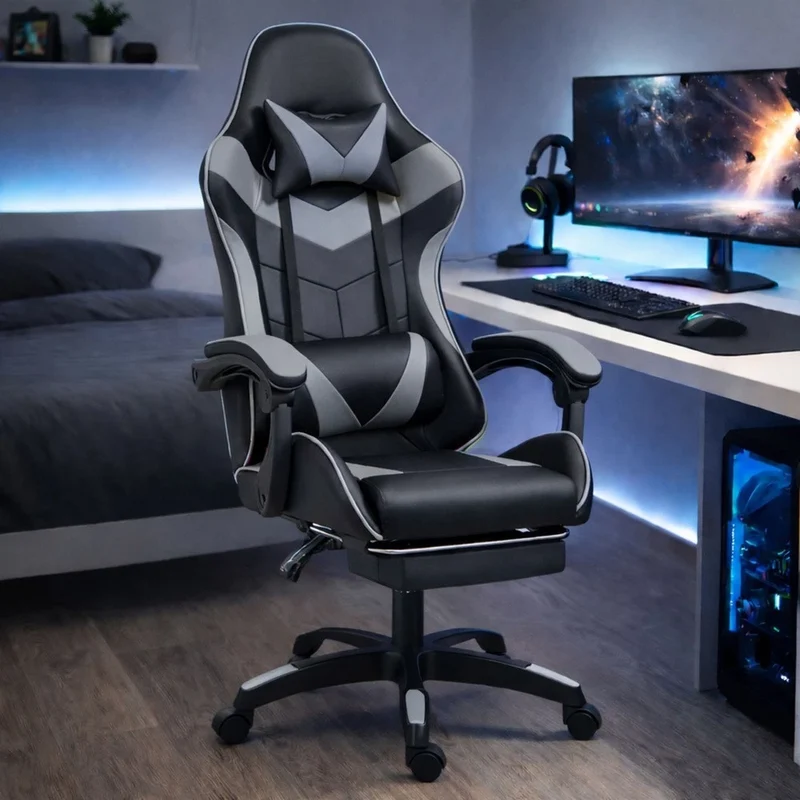 Sedia da gaming snella nera e grigia, sedia da ufficio girevole con poggiapiedi