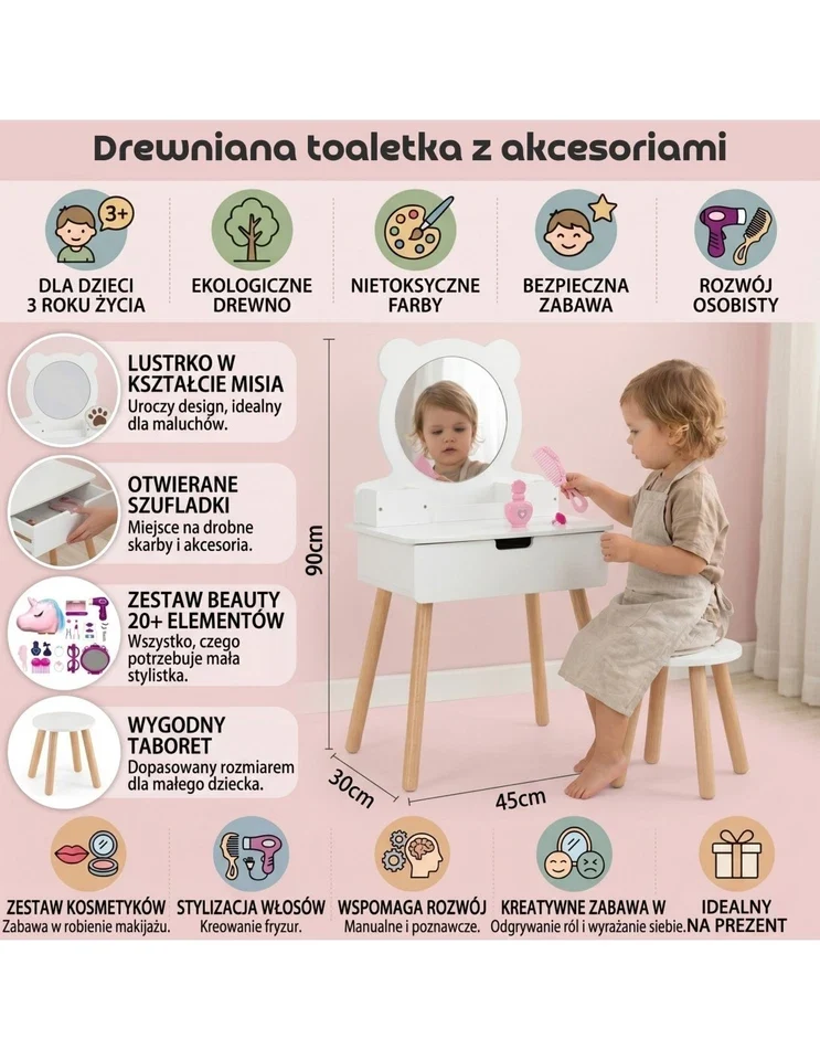 specchiera giocattolo specchio tavolo da trucco e accessori unicorno per bambine in legno