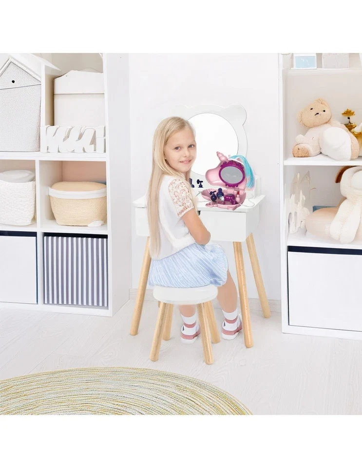 specchiera giocattolo specchio tavolo da trucco e accessori unicorno per bambine in legno