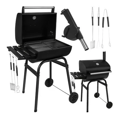 Grande barbecue a carbonella da giardino con coperchio, ripiano, accessori